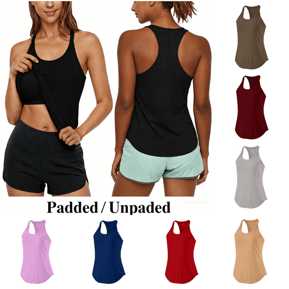 Elvqul Tank Top for Women,Racerback Workout Loose Fit Summer with Built in Bras Padded/Unpadded,Womens Sports Tank Tops,Black Padded