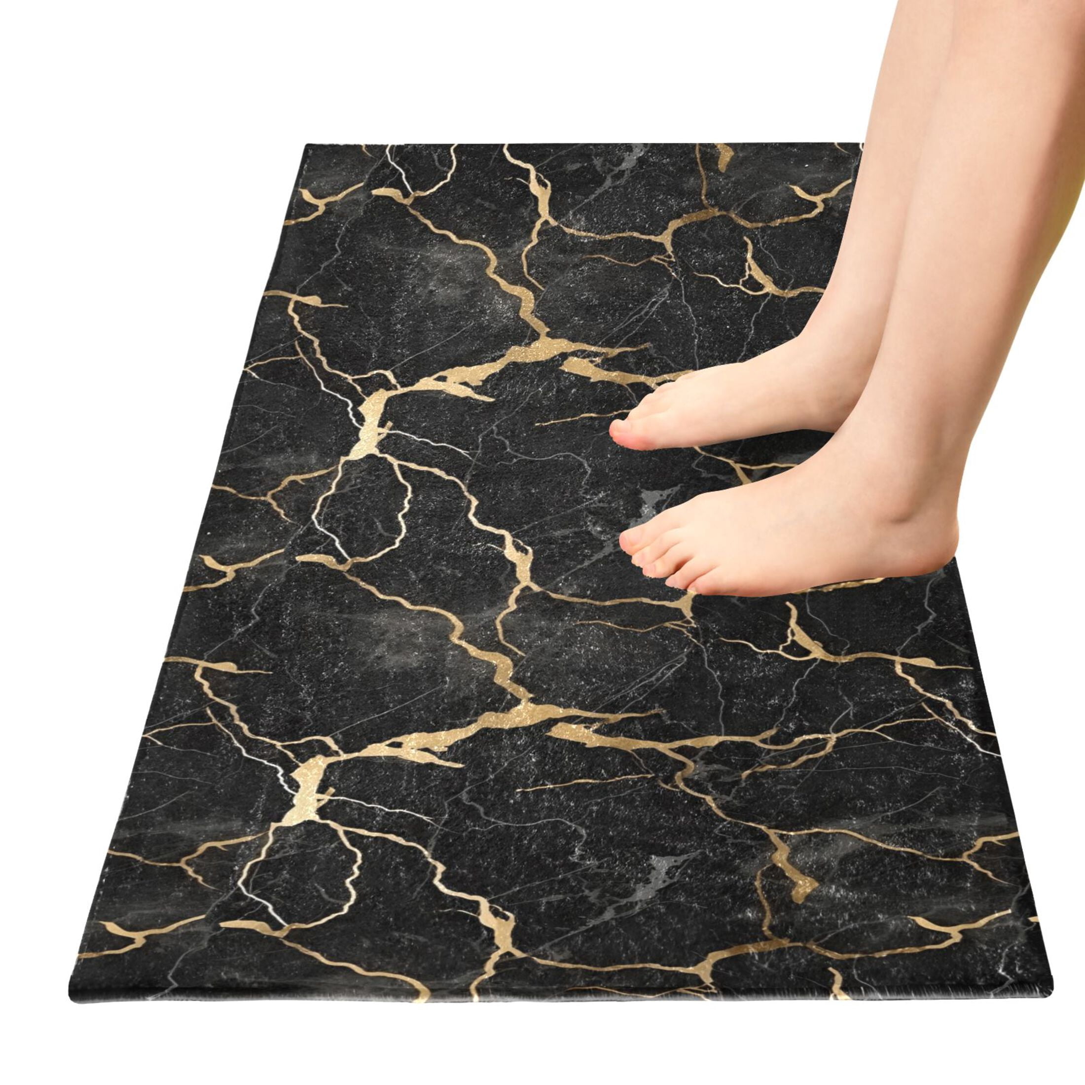 Bath Mat Soft Plush Non-Slip Absorbent Bathroom Rugs 39"x20" Black and Gold Marble