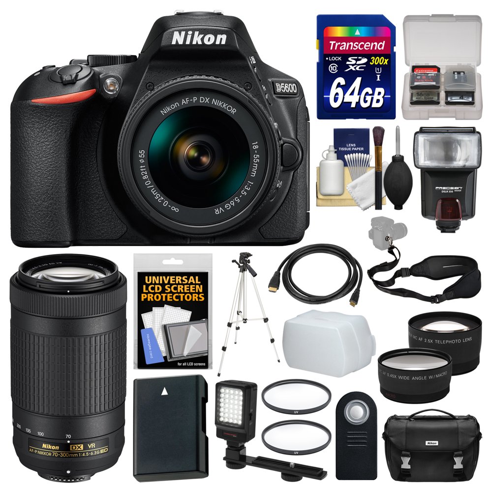Nikon D5600 WiFi Digital SLR Camera & 1855mm VR DX AFP + 70300mm VR AFP Lens + 64GB Card
