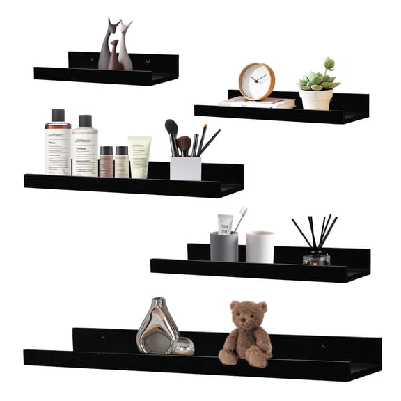 KAIWIN Black Wood Floating Shelves Set of 5 (24/16/14/10In) - Wall Mounted Storage & Decor for Home