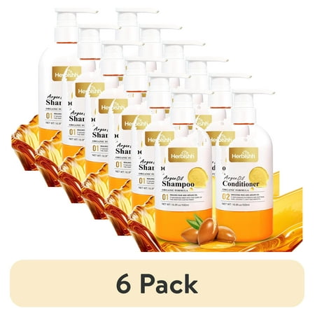 (6 pack) Herbishh Argan Oil Shampoo & Conditioner Set, Deep Cleansing & Hydration, Ideal For Frizzy & Colored Hair, With Shea Butter, Jojoba & Coconut Oil, 16.9 fl. oz Each