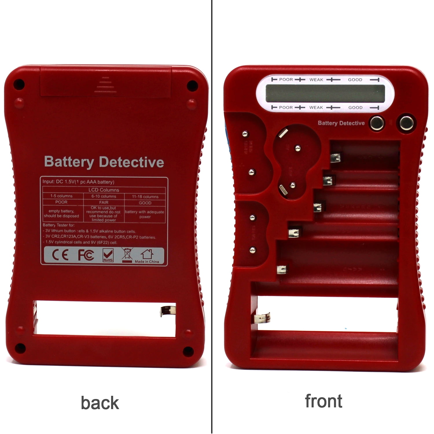 Battery Detective 12 Type Battery Tester (Red) with LCD Display for Household Batteries AA AAA C D 9V CR2032 CR123A N/LR1 CR2 CR-V3 2CR5 CR-P2 1.5V/3V Button Cell Batteries + AAA Batteries (36-Pack)