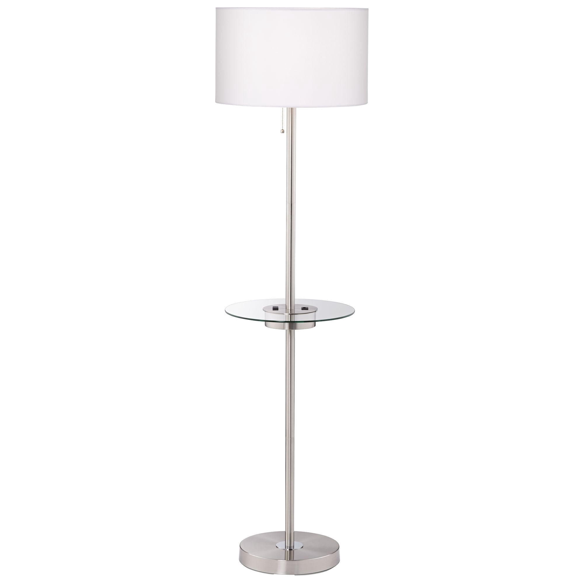 360 Lighting Caper Modern Floor Lamp with Tray Table 60 1/2" Tall Brushed Nickel USB and AC Power Outlet Off White Fabric Drum Shade for Living Room