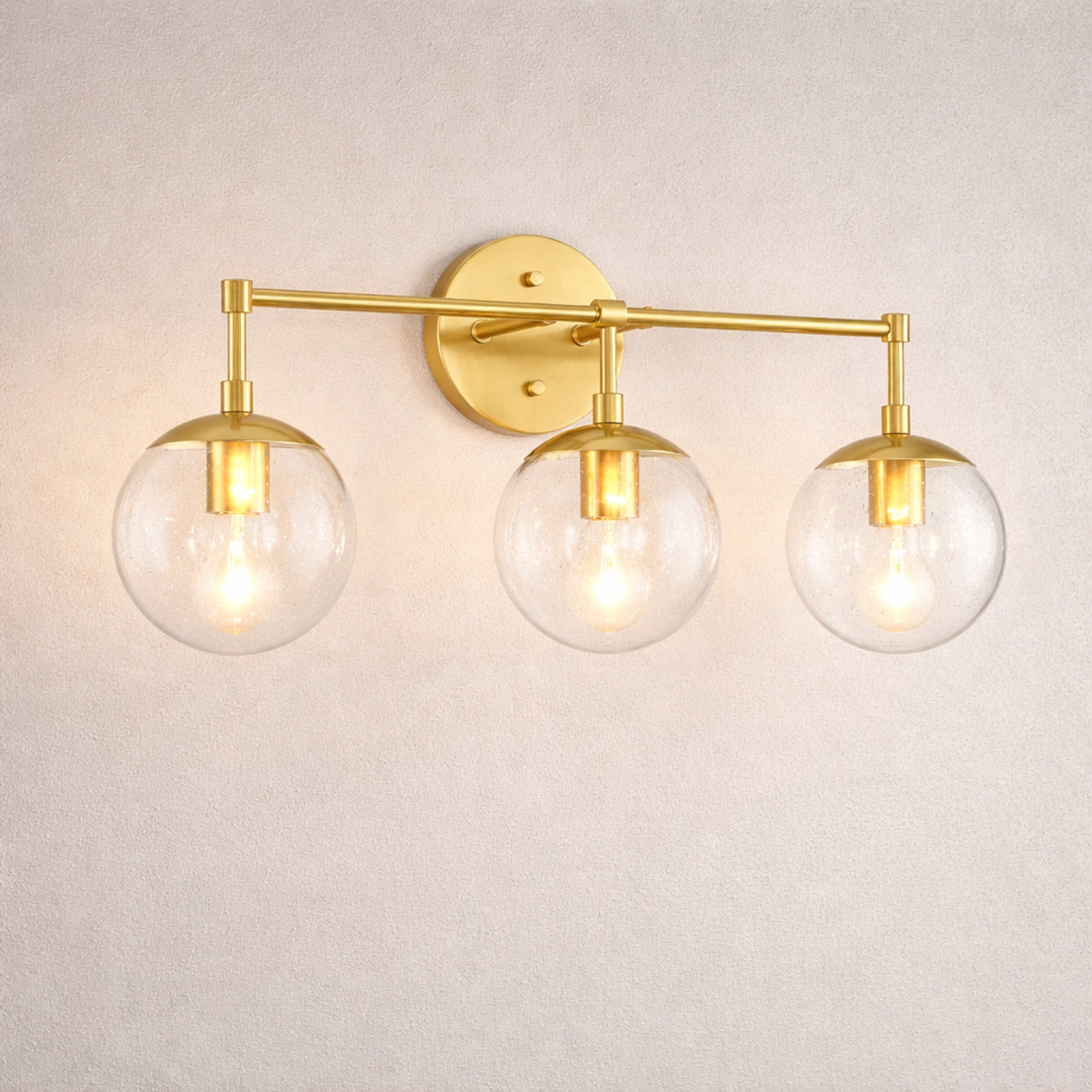 Satin Gold 3-Light Bathroom Vanity Light, Clear Seedy Glass Globe Shades, Dimmable