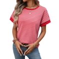 thumbnail image 2 of Women'S Short Sleeve Knit Tops Trendy Crewneck Striped T Shirts Casual Summer Blouses Outfits Deep Pink S, 2 of 10