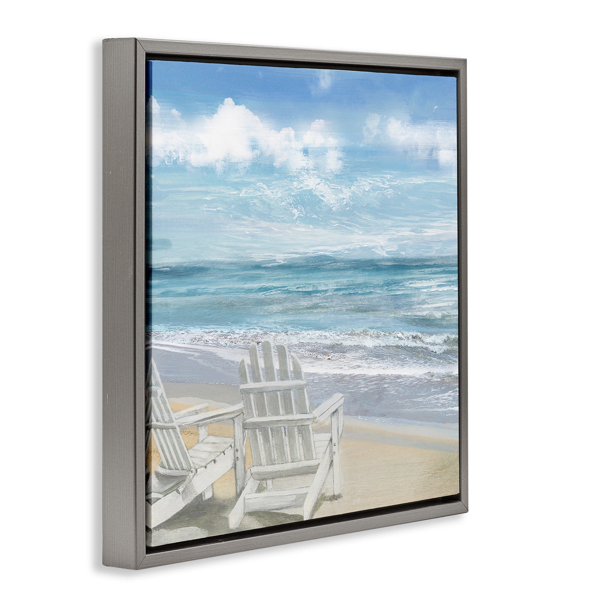 Stupell Industries White Adirondack Chairs on Beach Landscape Painting Gray Floater Framed Canvas Art Print Wall Art, 18 x 18
