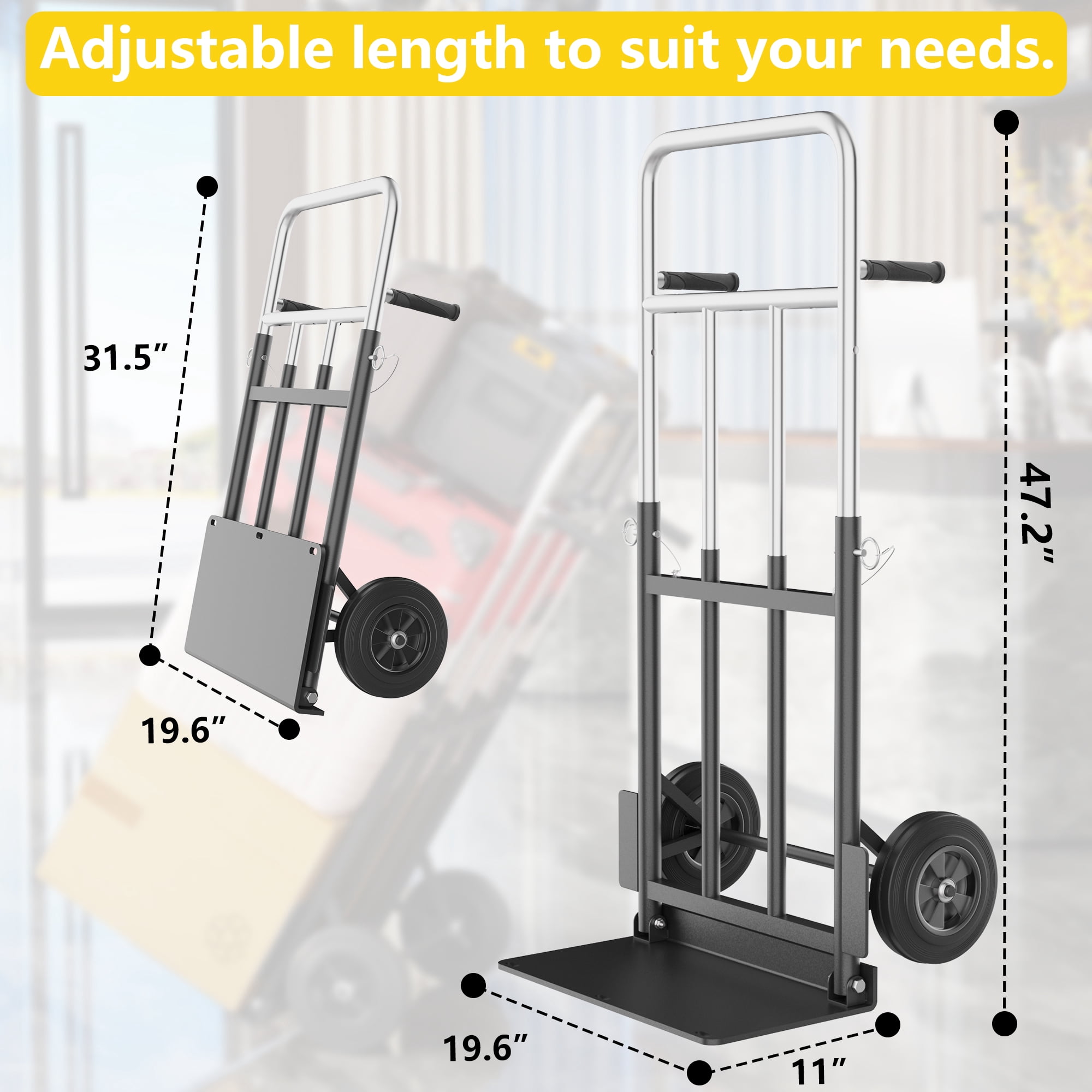 Folding Hand Truck, 600 lb Capacity Heavy-Duty Convertible Dolly Cart with Telescopic Handle, Rubber Wheels & Bungee Cords for Warehouse, Home & Office