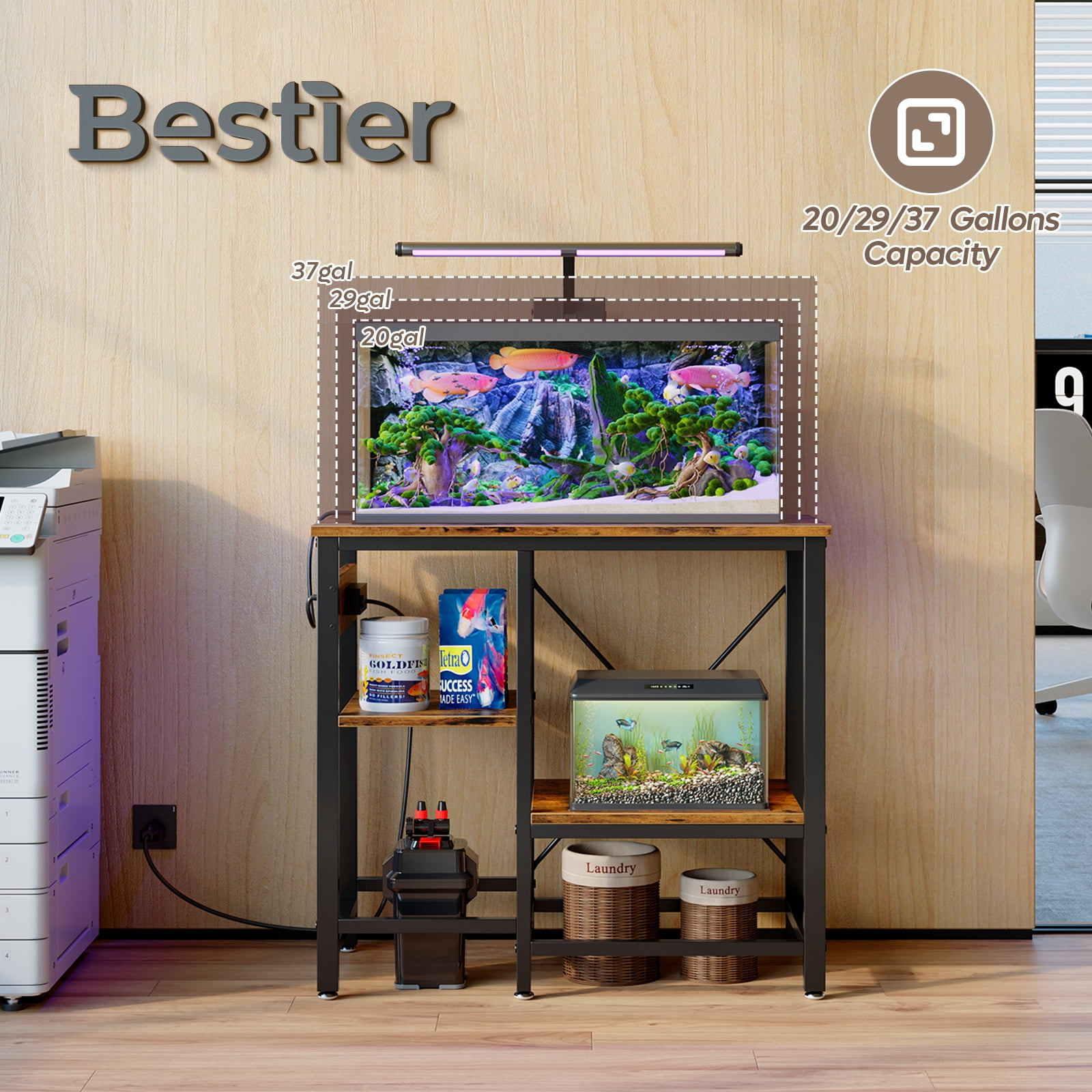 Bestier 20-29-37 Gallon Fish Tank Stand with Power Outlets, 3-Tier Heavy Duty Metal Aquarium Stand Reversible Storage Shelf