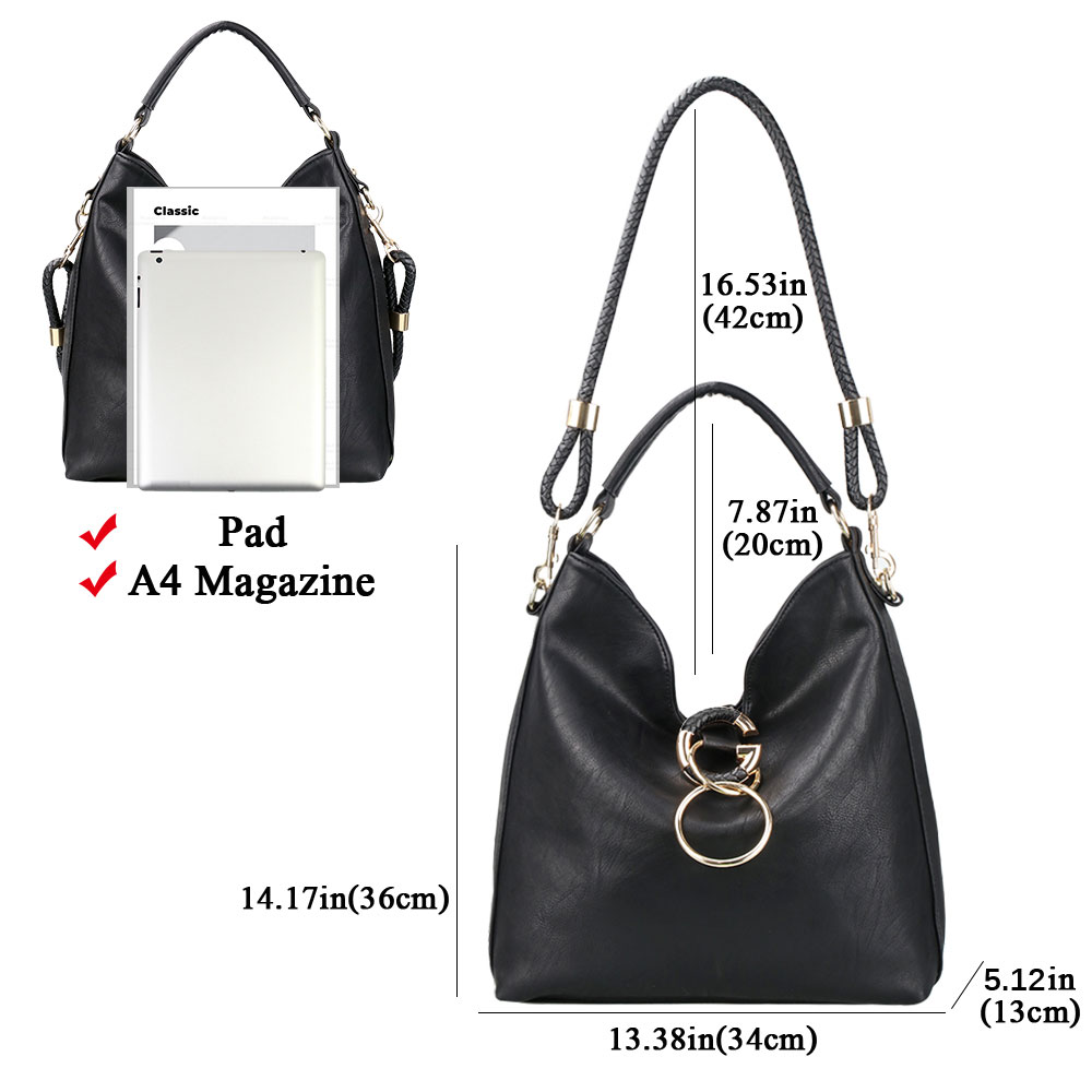 Vintage Hobo Bag Retro Large Capacity Women's Fashion Handbag Shoulder Bag & Tote Purse Black