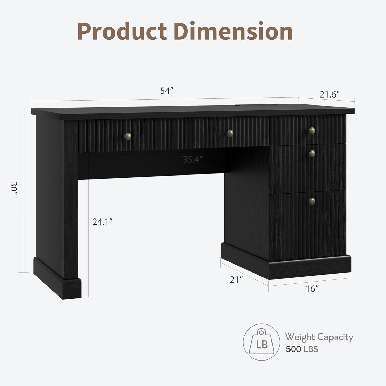 Fluted Home Office Desk Storage, 54" Modern Executive Desk with Charging Station, Wooden Computer Writing Desk with File Cabinet & Drawers for Study, Living Room, Bedroom