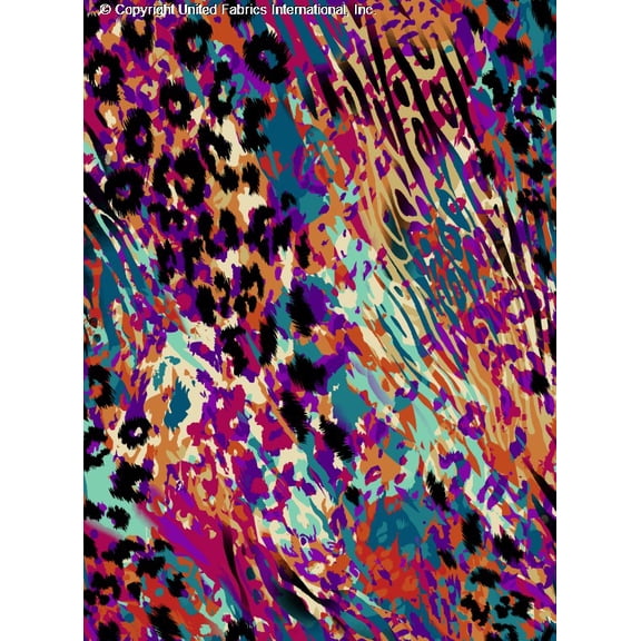 Chiffon Printed Trophy Leopard Print Fabric Sheer Dressmaking Fabric Chiffon (TEAL/FUCHSIA/ORANGE, ByYard)