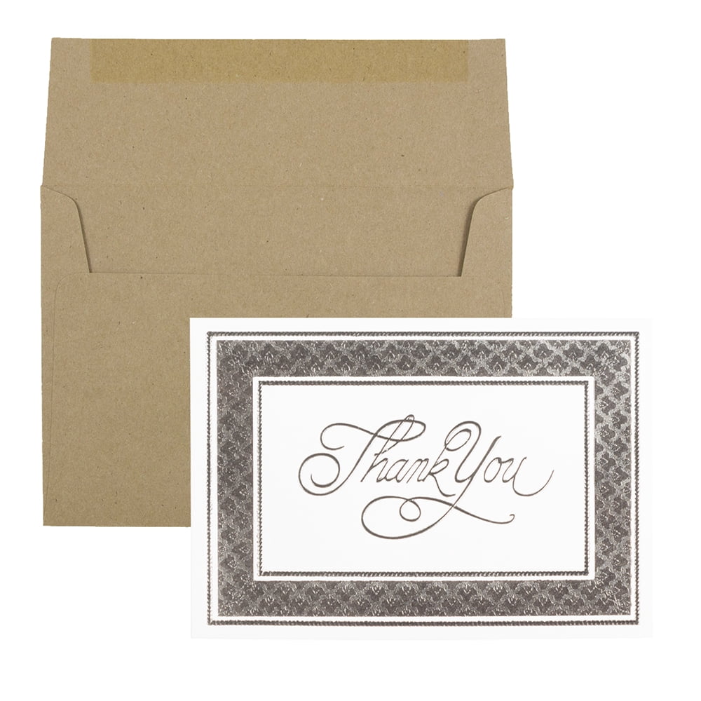 JAM Thank You Card Sets 25 Pack Silver Border With Brown Kraft 