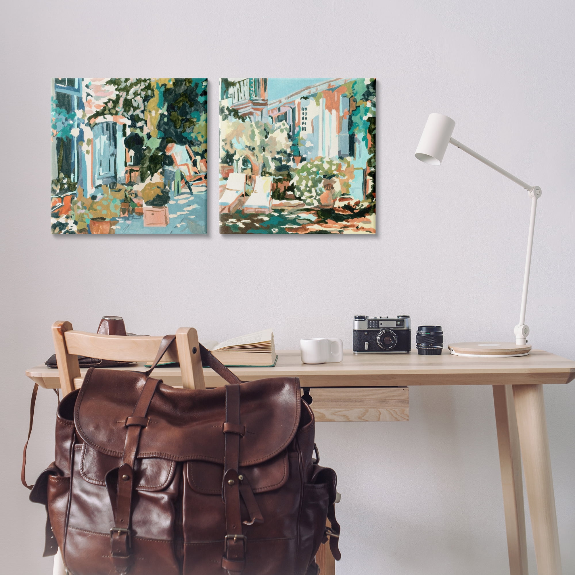 Stupell Industries Plants on Town Buildings Scenic & Cityscapes Painting Wrapped Canvas Art Print Wall Art, 17 x 17, Set of 2