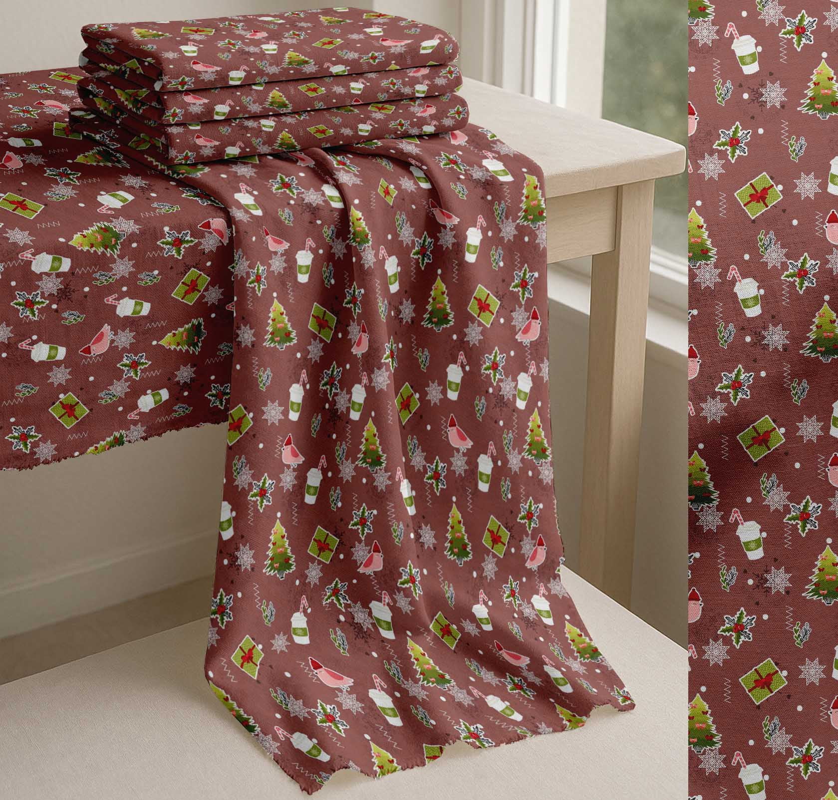 Soimoi Brown Cotton Voile Fabric Coffee Cup,Gift Box & Tree Christmas Print Fabric by the Yard 56 Inch Wide