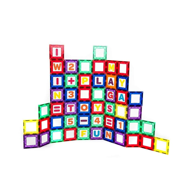 Playmags Magnetic Tile Building Set Exclusive Educational Clickins 36Pc Kit  18 Super Strong Clear Color Magnet Tiles Windows & 18 Letters & Numbers