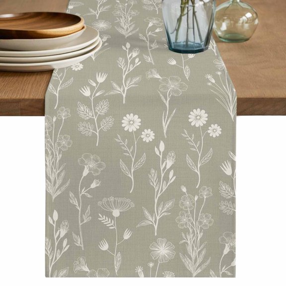 Gray Green Flowers Table Runner 90 Inches, Spring Summer Farmhouse Botanical Bed Runner Dresser Scarves Tabletop for Indoor Outdoor Parties/Ceremony/Banquet, 13" x 90"