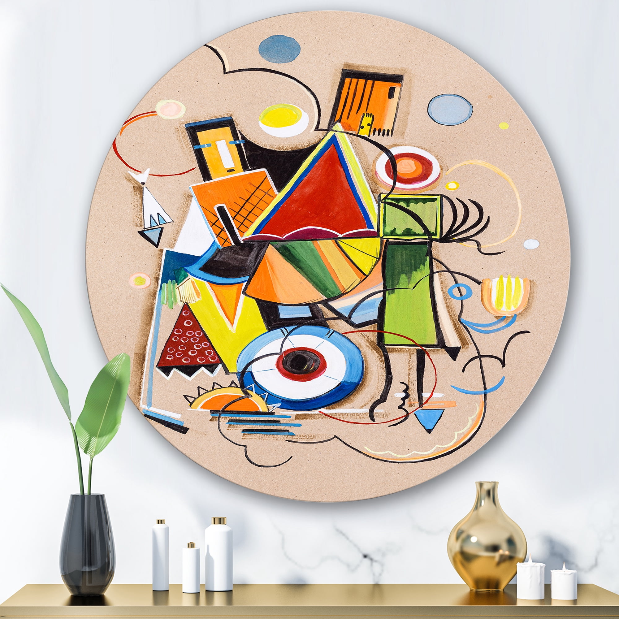 Designart 'Abstract Compositions Of Colored Geometric I' Modern Circle Metal Wall Art 29x29 - Disc of 29