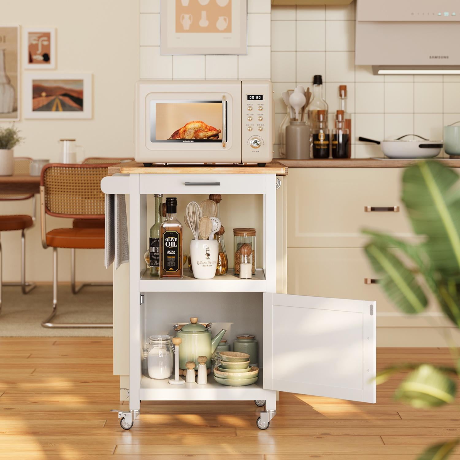 Asofer Rolling Kitchen Island Cart with Storage and Drawer, Small Coffee Cart, Microwave Stand on Wheels, White