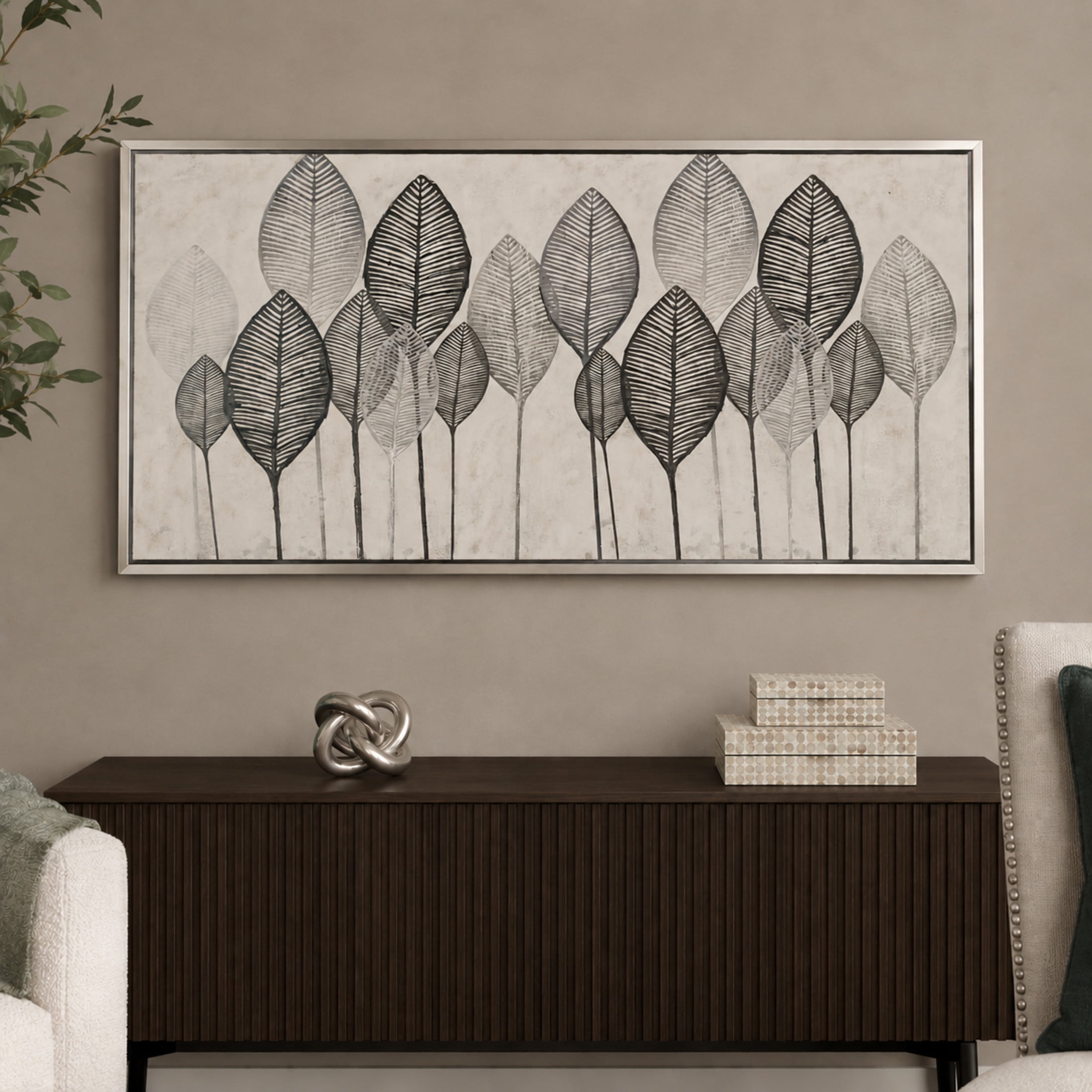 55" x 27" Leaf Framed Wall Art with Silver Frame, by DecMode