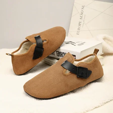 2024 New Winter Home Warm Cotton Indoors Flat Casual Walk Shoes Comfortable Breathable Boken Shoes Wool Soft Loafers Non-slip (Khaki 44-45)