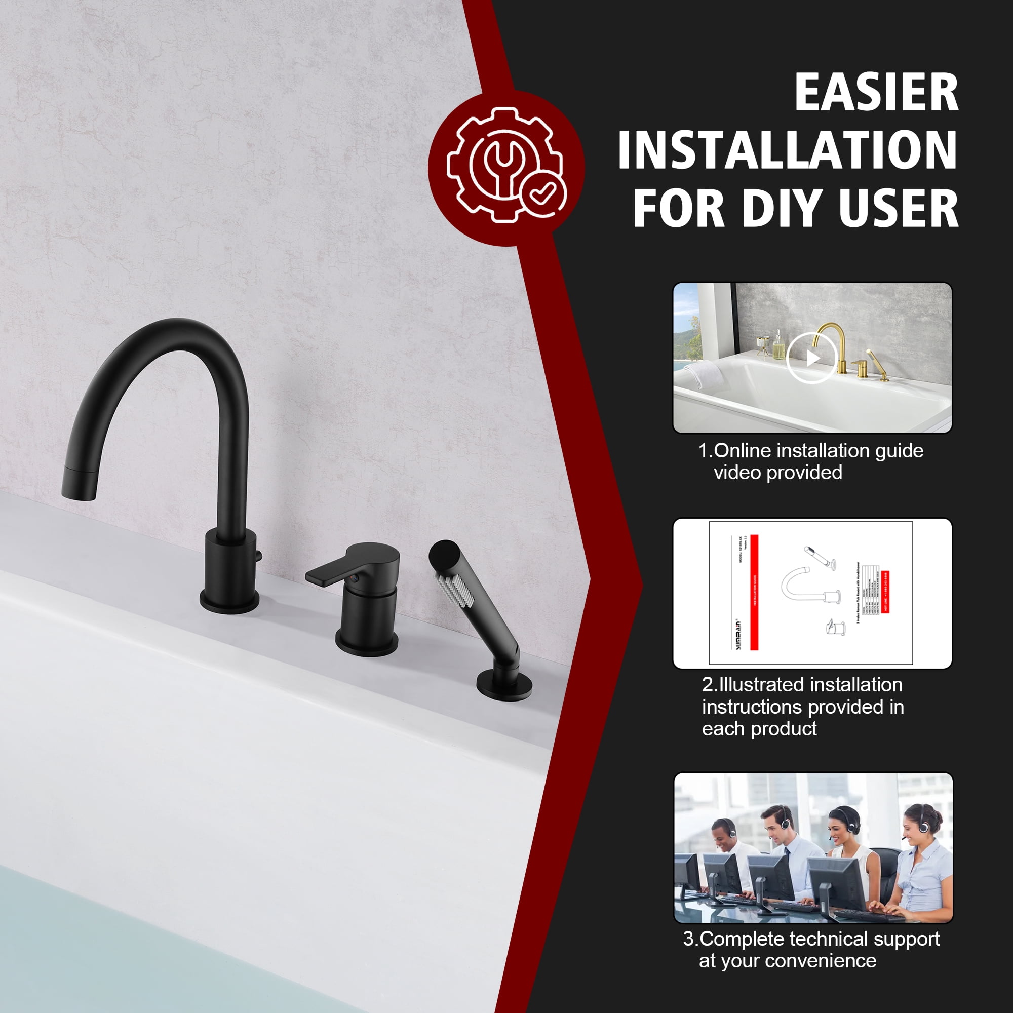 Sumerain 3 Hole Brass Matte Black Roman Tub Faucet with Handheld Shower