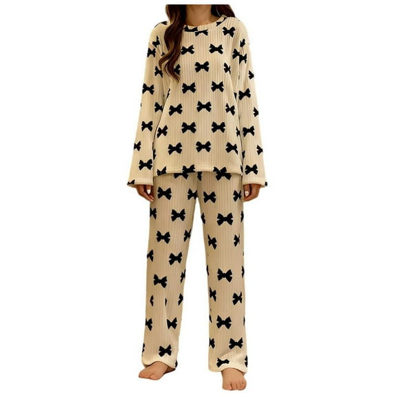 HAiming Pjs Set for Women Fleece Soft Comfy Pullover Tops and Casual Pants Bow Printed Pajama Outfits