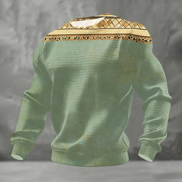 Ceisia Men's All-Season Casual Regular Fit Crew Neck Sweatshirt Light Green Ethnic Geometric Trim Waffle Knit Stretch Fabric Multicolor M Gifts