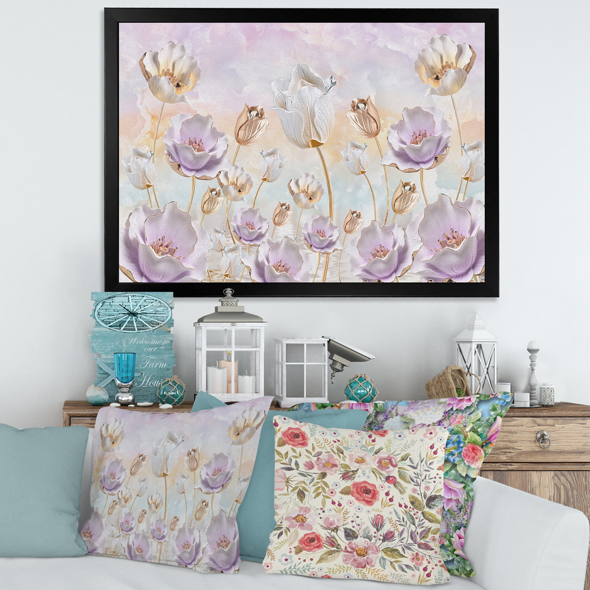 Designart 'Blossoming Pastel Tones Flowers' Traditional Framed Art Print