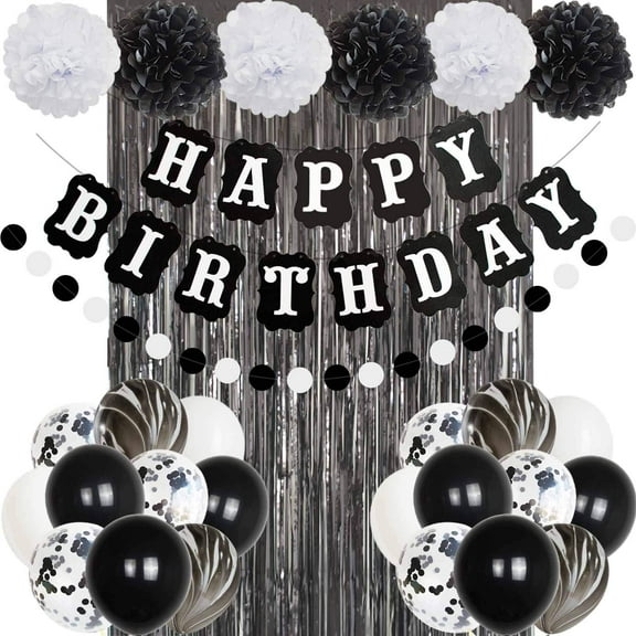 ANSOMO Black and White Happy Birthday Party Decorations, 30 Pcs Balloons Banner Foil Fringe Curtains, for Men Women SF1