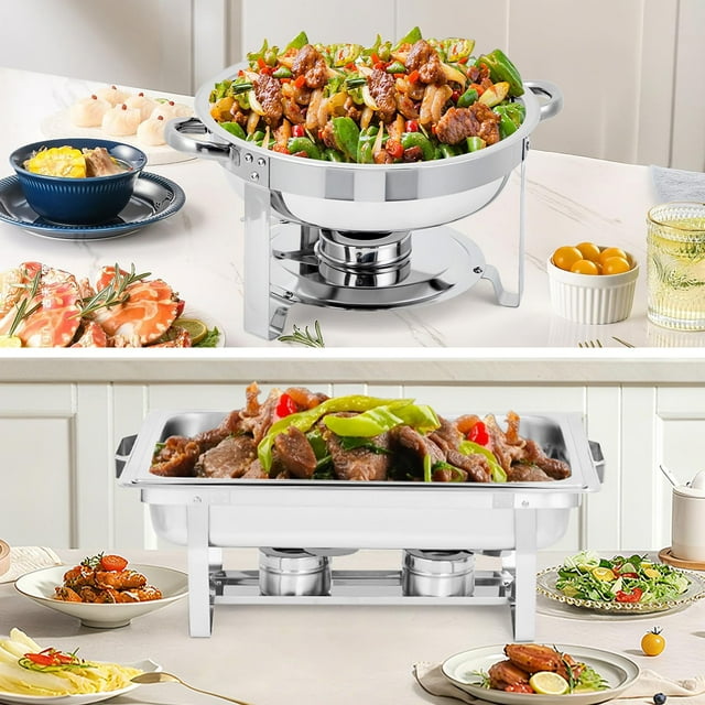 Yiwa Ensemble de Gaufrettes en Acier Inoxydable pour Buffet, Lot de 2/4/6, Réchauffeurs Rectangulaires de 8 Qt et Ronds de 5 Qt avec Couvercles et Porte-Carburant
