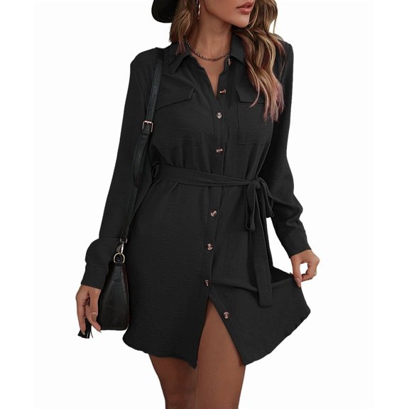 Women'S Long Sleeve Button Down Shirt Dress Casual Loose Tie Waist Adjustable Sleeve Length Dresses Black XL