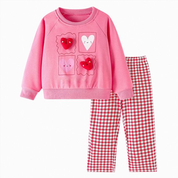 Toddler Girls 2 Piece Outfit 3D Plush Heart Print Crew Neck Sweatshirt Red Gingham Straight Pants Cute Soft Kids Clothing Set For Daily Holiday Wear 3-4 Years