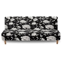 SCRAWLGOD Peony Print White Black Stretch Futon Slipcover Armless Futon Bed Sofa Cover Furniture Protector with Elastic Bottom, Soft Washable Sofa Bed Slipcover
