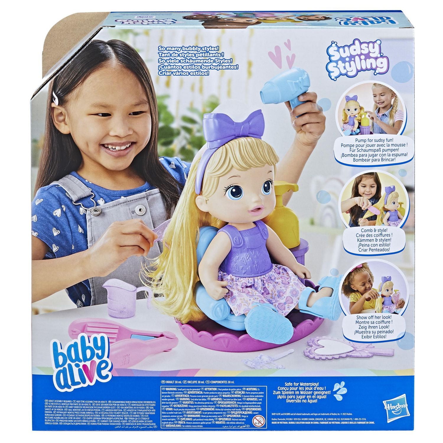 Baby Alive Sudsy Styling Doll, 12-Inch Toy for Kids 3 and Up, Salon Baby Doll Accessories, Bubble Solution, Blonde Hair, For ages 3+