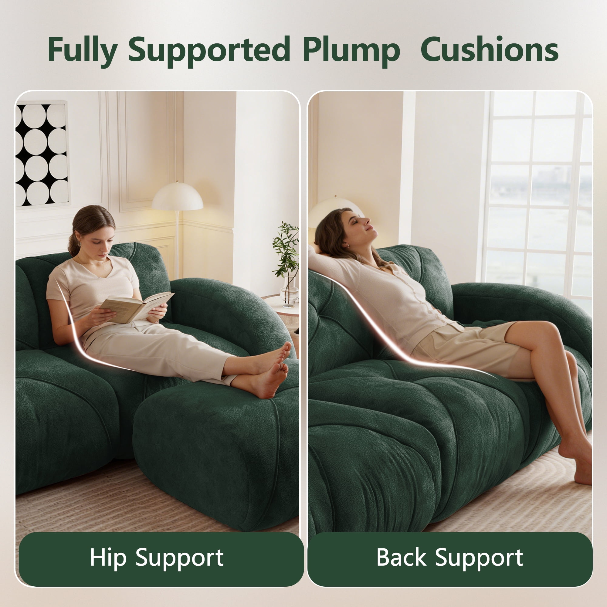 Aukfa 80" Velvet Modular Sectional Sofa, 4-Piece Boneless Living Room Couch with 2 Ottomans, Green