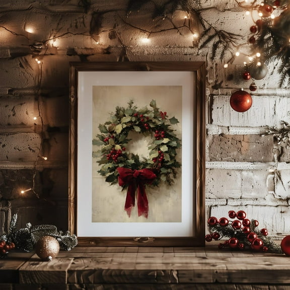 Red Bow Christmas Wreath Posters Minimalist Winter Print Poster Wall Art Canvas Artwork Home Christmas Rustic Farmhouse Decoration No Frame