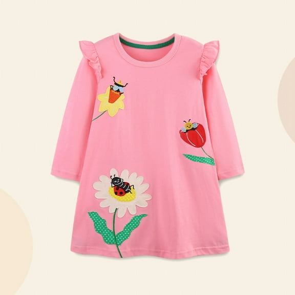 Thetops Soft Cotton Toddler Girl Dress 4T Pink - Long Sleeve with Ruffled Shoulders, Floral & Bug Embroidery, Breathable Everyday Wear