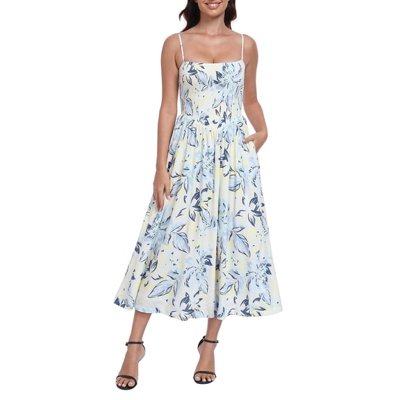 HDE Women's Smocked Midi Summer Dress Drop Waist Sundress with Pockets White Watercolor Blooms - S