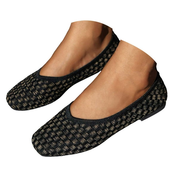 Women's Flats Checkered Dressy Square Toe Comfortable Ballet Flat Shoes Slip On Low Heels for Work Office