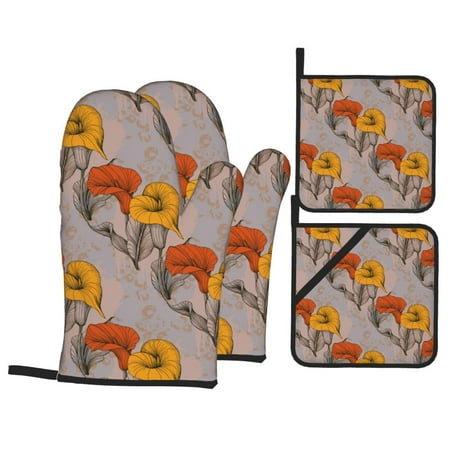 

Oven Mitts and Pot Holders 4 pcs Set Retro Calla Lily Flowers Heat Resistant Pot Holders Oven Mitts for kitchen Non-Slip Hanging Loop Oven Glove Potholders for Baking Cooking
