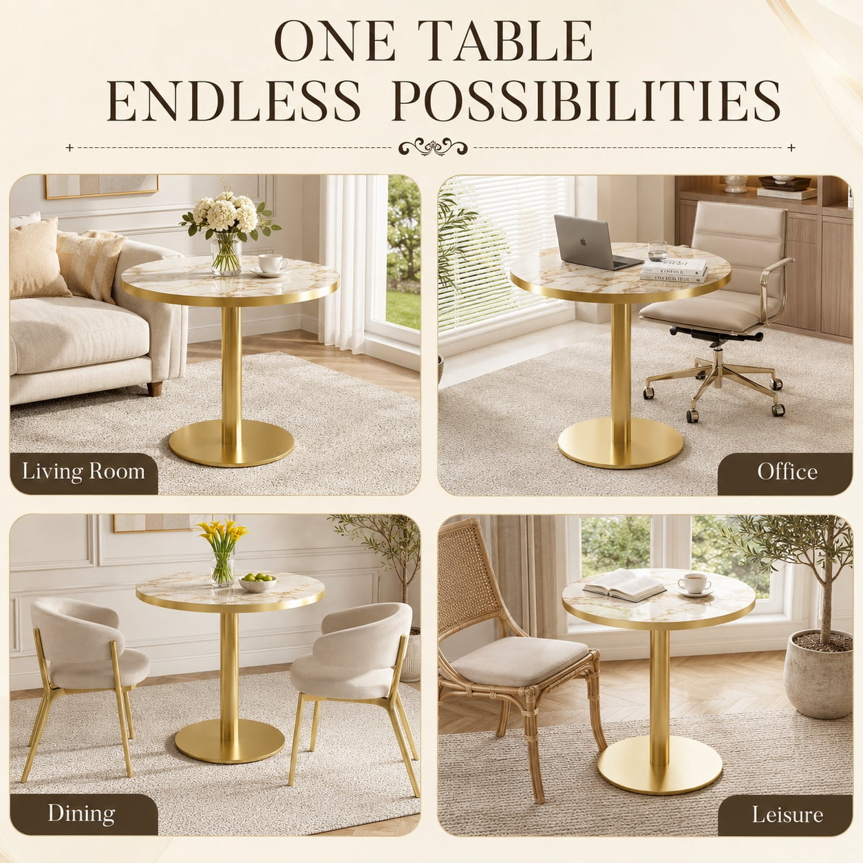 Aukfa 31.5" Round Sintered Stone Dining Table for 2-4, Kitchen Table Tulip Table with Gold Pedestal Base for Bistro Small Apartment,Calacatta Gold Marble