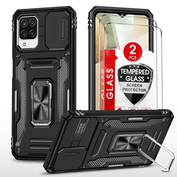 LeYi Compatible with Samsung Galaxy A12 Phone Case, [2 Pack] Tempered Glass Screen Protector, Black