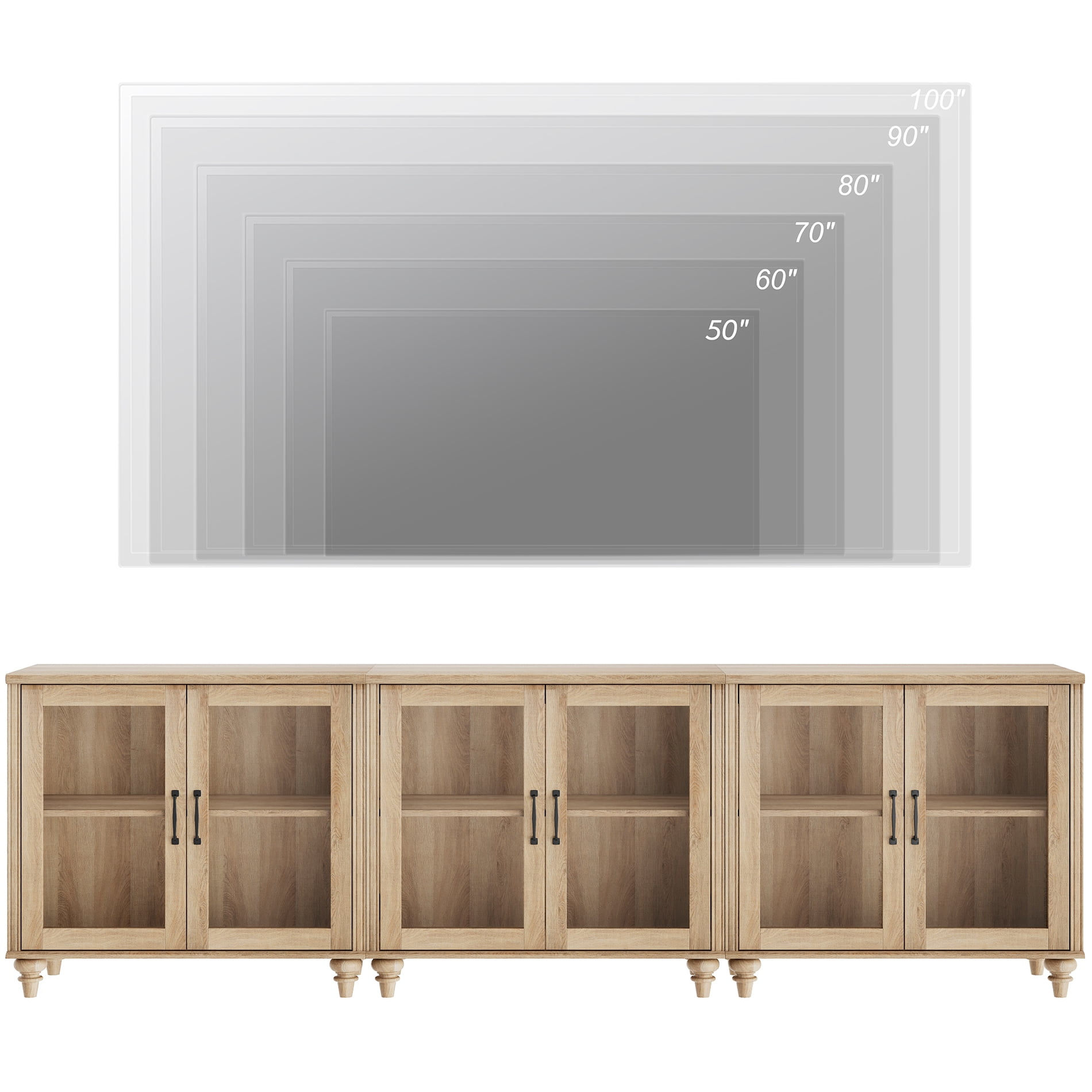 100" TV Stand with Glass Door, Wood TV Cabinet Entertainment Center for 75/80/85/90 Inch TV, 3-in-1 Kitchen Buffet Cabinet with Large Storage Cabinets for Dining Room & Living Room & Bedroom, Oak