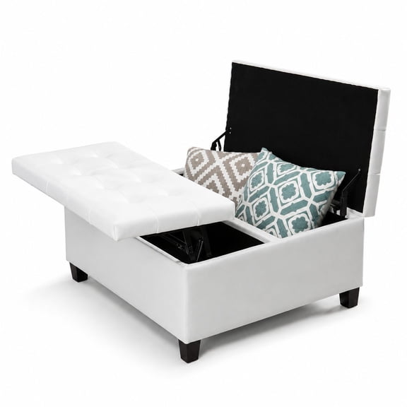 35-Inch Tufted Lift-Top Storage Ottoman Bench - Hidden Storage, Seating, Footrest, Coffee Table, White