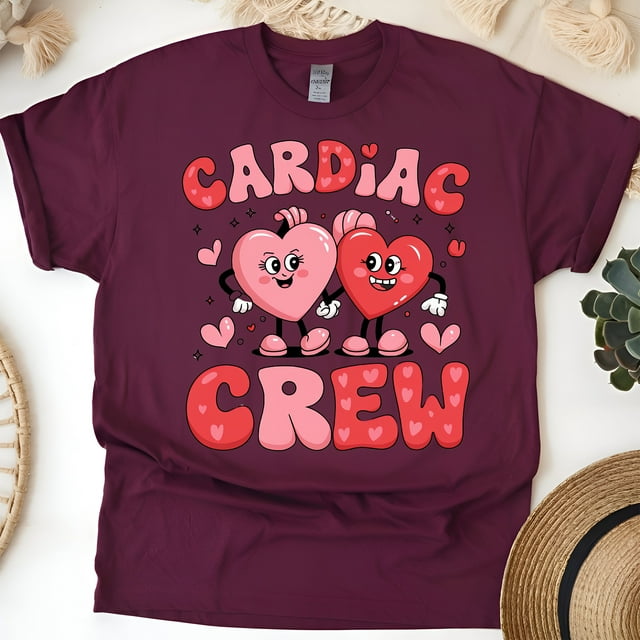 Cardiac Crew Graphic T-Shirt with Cute Heart Characters, Maroon, Size S