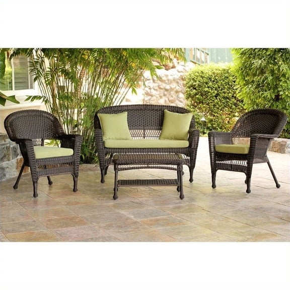Jeco 4pc Wicker Conversation Set in Espresso with Green Cushions