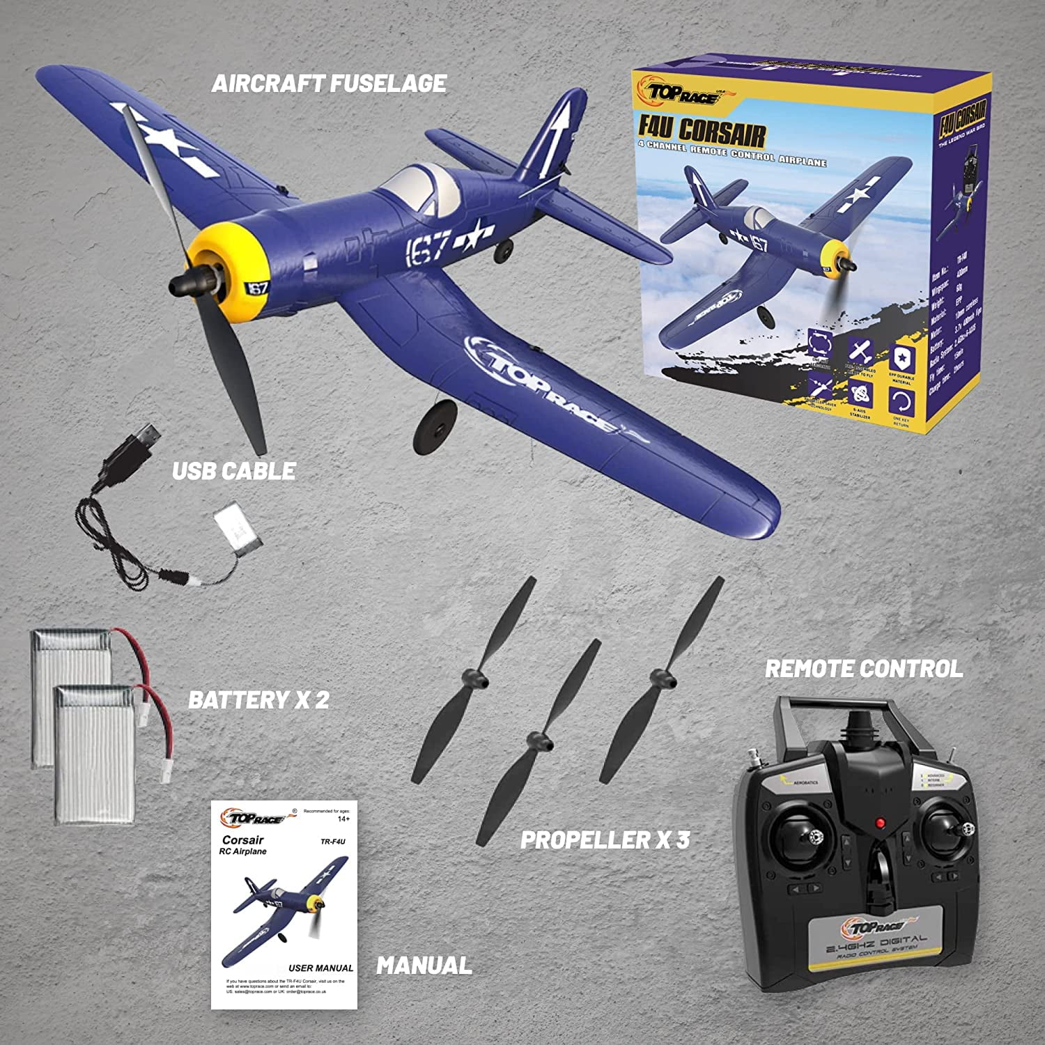 Top Race F4U Corsair Fighter RC Plane - Battery Powered 4 Remote Control Airplane with 300 Range and Capabilities - Includes RC Plane Propeller - Walmart.com
