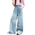 thumbnail image 2 of Girl's Floral Embroidered Patch Design Straight Leg Loose Wide Leg Pants For Girls Casual Trousers, 2 of 7