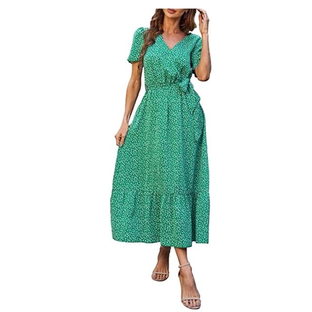 Robes Florales d'Été pour Femmes Col en V Manches Courtes Robe de Plage Bohème à Volants Fluide Midi avec Ceinture