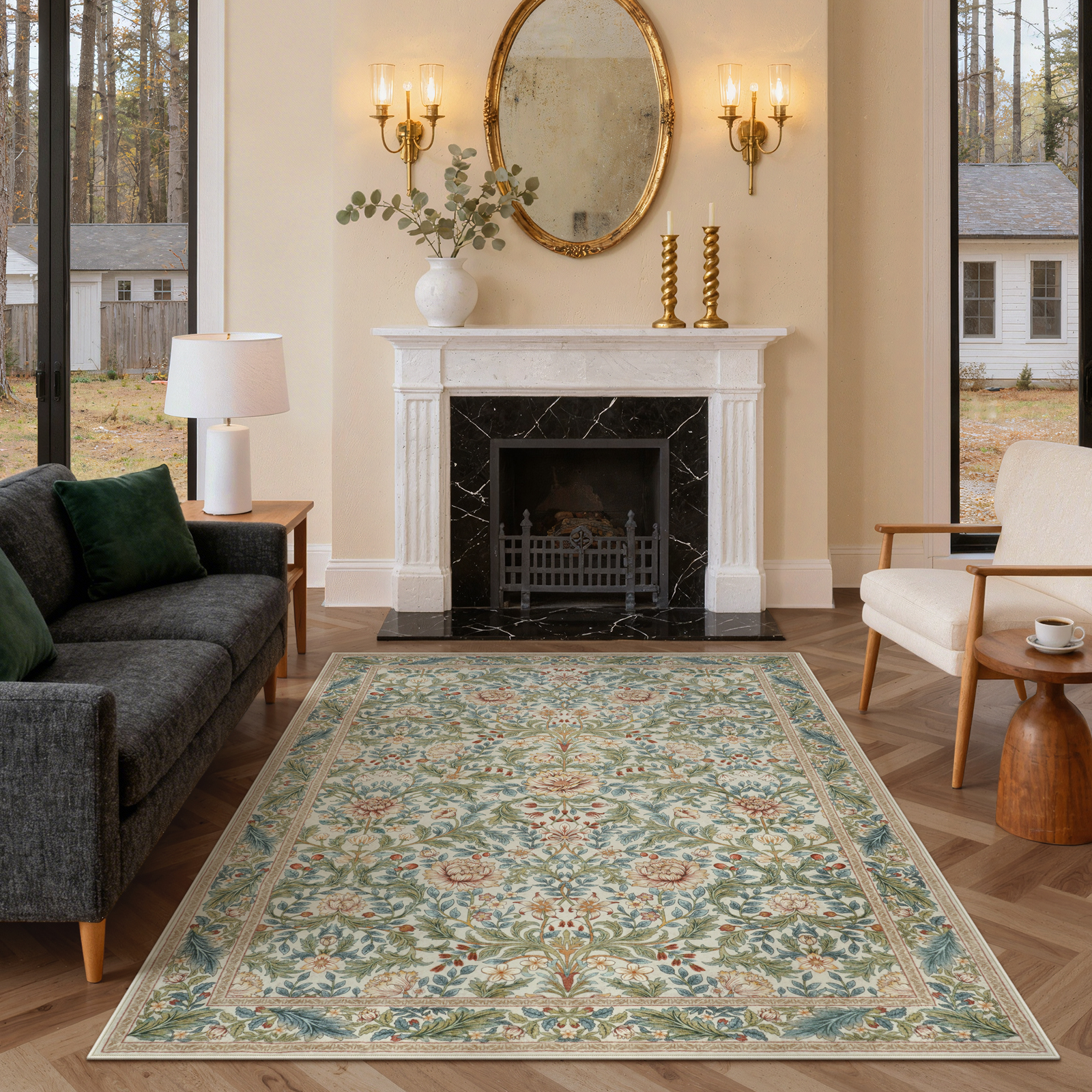 Lahome Beige 5x7 Boho Area Rugs for Living Room, Large Flower Stain Resistant Machine Washable Rugs for Bedroom, Non Slip Carpet for Dining Room Home Office